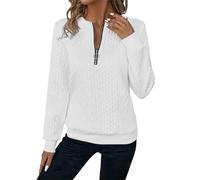 Half Zip Knit Jumper for Women, Lightweight Fleece Pullover with Long Sleeves, Cosy Autumn Winter Sweatshirt, Casual Ribbed Tunic Top, Warm Yet Breathable Mid-Layer for Daily Wear White