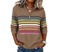Half-Zip Rainbow Striped Sweatshirt, Women's Fashion Collar V Neck Rainbow Strip Pullover Casual Top for Daily (Kahki,5XL)