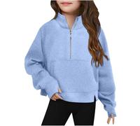 Half Zip Sweatshirt for Girls Mock Neck Cropped Sweatshirts Kids Oversized School Pullover Top with Thumbhole Fall Winter Preppy Crop Hoodie Cute Trendy Long Sleeve Sweqater (Light Blue, 11-12 Years)