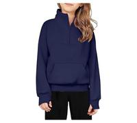 Half Zipper Sweatshirt for Girls Thumb Hole Long Sleeve Pullover Fleece Jumper Tops with Pocket Clothes for Children Teen Age 5-14 Years Navy