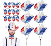 Halfchet 12 Pcs/6 Sets Patriotic Cowboy Hats Bulk 4th of July Sequin Hats with Bow Ties USA Red Blue White Costume Accessories for Women Men Independence Day Western Cowgirl Party Supplies