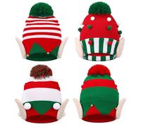 Halfchet 4 Pcs Christmas Knitted Elf Hats for Adults Green and Red Beanie Hat with Ears Elf and Bell for Christmas Winter New Year's Gifts Home Party