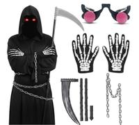 Halfchet 4 Pcs Halloween Costume Accessories Set for Adults with Glowing Eyes Skeleton Gloves Chain Scythe
