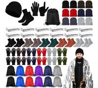 Halfchet 60 Pcs Homeless Care Package Supplies Winter Beanie Gloves Sock Drawstring Bags Emergency Blankets for Men Women, Colorful, One Size