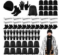 Halfchet 60 Pcs Homeless Care Package Supplies Winter Beanie Gloves Sock Drawstring Bags Emergency Blankets for Men Women, Black, One Size