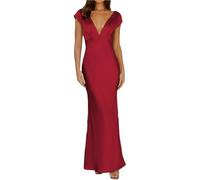 Halfisland, Satin Summer Dress with V-Neck and Short Sleeves, for Women, Back, Maxi Length, Elegant Dress with Twist and Cut-Out Design, Ideal as a Wedding Guest Outfit, burgundy, XS