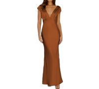 Halfisland Womens Summer Satin V Neck Cap Sleeve Backless Maxi Dress Elegant Twist Cut Out Midi Dresses Wedding Guest, Brown, S