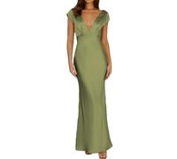 Halfisland Womens Summer Satin V Neck Cap Sleeve Backless Maxi Dress Elegant Twist Cut Out Midi Dresses Wedding Guest, Olive, S
