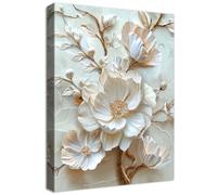 HALFLEMART Wooden Framed Canvas Wall Art 3D White Peony Flower Painting on Canvas Prints Poster Beige Floral Pictures for Living Room Bedroom Bathroom Dining Room Hallway Wall Decoration 30x40cm