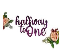 Halfway to One Cake Topper, 6 Months, Half Birthday, Double Sided Glitter Card Toppers (Purple)