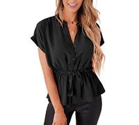 Halife Women's Button Down Blouses Tie Front Elastic Waist Peplum Dressy Shirts, Black, X-Large
