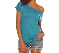 Halife Women's Casual Off The Shoulder Tops Short Sleeve T Shirts Loose Summer Blouse Shirt, Blue Green, XXL