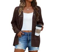 Halife Women's Crochet Cardigan Sweaters Lightweight Thin Long Sleeve Open Front Kimono Cardigans, Brown, XXL