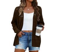 Halife Women's Crochet Cardigan Sweaters Lightweight Thin Long Sleeve Open Front Kimono Cardigans, Brown, L
