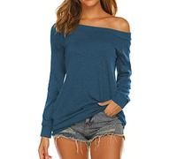 Halife Women's Long Sleeve Boat Neck Off Shoulder Blouse Tops, Blue, XL