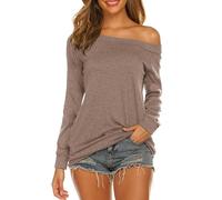 Halife Women's Long Sleeve Boat Neck Off Shoulder Blouse Tops, Brown, M