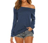 Halife Women's Long Sleeve Boat Neck Off Shoulder Blouse Tops, Dark Blue, Small