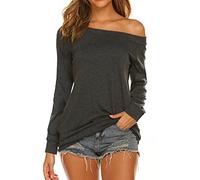 Halife Women's Long Sleeve Boat Neck Off Shoulder Blouse Tops - grey - Medium