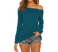 Halife Women's Long Sleeve Boat Neck Off Shoulder Blouse Tops, Peacock Blue, XL