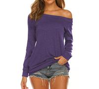 Halife Women's Long Sleeve Boat Neck Off Shoulder Blouse Tops - Purple - Medium