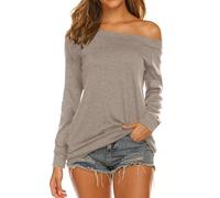 Halife Women's Long Sleeve Boat Neck Off Shoulder Blouse Tops, Taupe, S