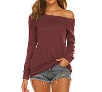 Halife Women's Long Sleeve Boat Neck Off Shoulder Blouse Tops, Wine Red, L
