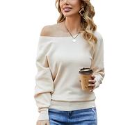Halife Women's Off Shoulder Sweaters Batwing Sleeve Casual Loose Knitted Pullover Sweater Jumper Tops, Apricot, Small
