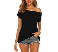Halife Women's Off The Shoulder Tops Summer Casual Short Sleeve T Shirts - black - X-Large