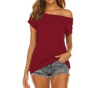 Halife Women's Off The Shoulder Tops Summer Casual Short Sleeve T Shirts, Red, M