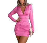 Halife Womens Sexy V Neck Ruched Bodycon Dress Long Sleeve Sexy Party Club Tight Fitted Short Dresses, Neon Pink, S