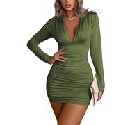 Halife Womens Sexy V Neck Ruched Bodycon Dress Long Sleeve Sexy Party Club Tight Fitted Short Dresses, Army Green, S
