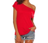 Halife Women's Summer Off Shoulder Tops Cotton Short Sleeve Casual T Shirts Loose Blouses - Red - Large