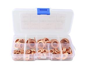 HALJIA 200PCS Copper Washers Set Copper Gasket Sealing Ring Assortment Kit, Flat Washers Kit, 9 Sizes Sealing Ring Washers Assortment Set with Storage Box (M5 M6 M8 M10 M12 M14)