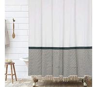 HALL & PERRY Modern Farmhouse Tassel Shower Curtain 100% Cotton Striped Fabric Shower Curtain with Tassels for Bathroom Décor (Tan, 72"x72")