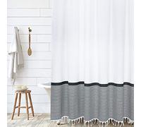 HALL & PERRY Modern Farmhouse Tassel Shower Curtain 100% Cotton Striped Fabric Shower Curtain with Tassels for Bathroom Décor (Black, 72"x72")
