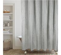HALL & PERRY Modern Transitional Grey Stripe Shower Curtain with Tassels - Vertical Black and Cream Lines Striped 100% Cotton, 72" x 72"