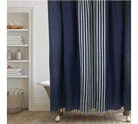 HALL & PERRY Modern Transitional Navy Stripe Shower Curtain with Tassels - Navy with White Stripes Striped 100% Cotton, 72" x 72"