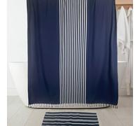 HALL & PERRY Modern Transitional Striped Shower Curtain Combo - Vertical Navy Lines, 100% Cotton, 72" x 72"