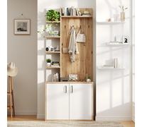 Hall Tree Coat Rack with Shoe Cabinet and 5 Open Shelves, Double-door Storage for Narrow Entrance, 75L x 33W x 180H cm, White+Oak Aosom UK