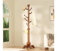 Hall Tree, Freestanding Wood Tree Rack with 7 Hooks, Coat Rack with Stable Sphere Base, Wooden Coat Rack Stand, Load 210 lb, Coat Hanger Stand for Entryway, Hallway, Bedroom (Natural)