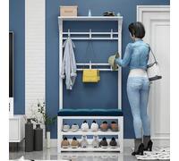 Hall Tree Shoe Bench - 3 in 1 Metal Storage Rack with Coat Hooks, Hat Hooks, Umbrella Stand, and Shoe Organizer for Entryway and Bedroom