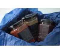 Hallam-Furneaux Sauce Co. Chutney and Condiment Gift Box. (Variety Box 1 - Pear, Date and Whiskey (260g) Bloody Mary and Red pepper Relish (260) Dark Chocolate, Gorseflower and Brandy (190g))