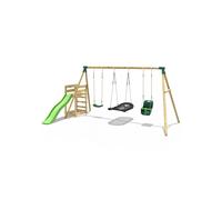 Rebo Wooden Triple Swing Set with Baby Seat, Boat Swing & Slide - Halley Green Rebo Green
