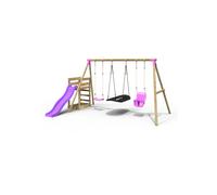 Rebo® Wooden Swing Set Plus Deck and Slide - Halley Pink | OutdoorToys | Kids' Playset - Sturdy Construction, Pressure Treated Timber, With Soft-Feel Ropes