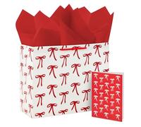 Hallmark 10" Large Horizontal Gift Bag with Tissue Paper and Blank Card (Red Bows on Ivory) for Christmas, Birthdays, Valentine's Day