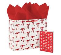 Hallmark 10" Large Horizontal Gift Bag with Tissue Paper and Blank Card (Red Bows on Ivory) for Valentine's Day, Birthdays