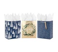 Hallmark 13" Large Holiday Gift Bags with Tissue Paper (3 Elegant Bags: Navy Blue and White, Glittery Wreath, Trees) for Christmas, Hanukkah, Weddings, Winter Solstice