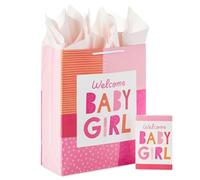 Hallmark 15" Extra Large Baby Shower Gift Bag with Card and Tissue Paper (Welcome Baby Girl, Pink and Orange) for New Parents, Coworkers, Sister