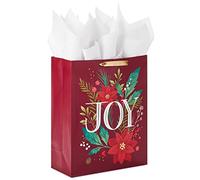 Hallmark 15" Extra Large Christmas Gift Bag with Tissue Paper (Dark Red with Poinsettia Flowers, "JOY") for Mom, Sister, Grandmother, Wife, Teacher, Boss
