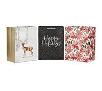 Hallmark 17" Oversized Holiday Gift Bags (3 Bags: Dark Gray and White Happy Holidays, Winter Deer, Pink Poinsettias) for Christmas, Winter Birthdays, Weddings